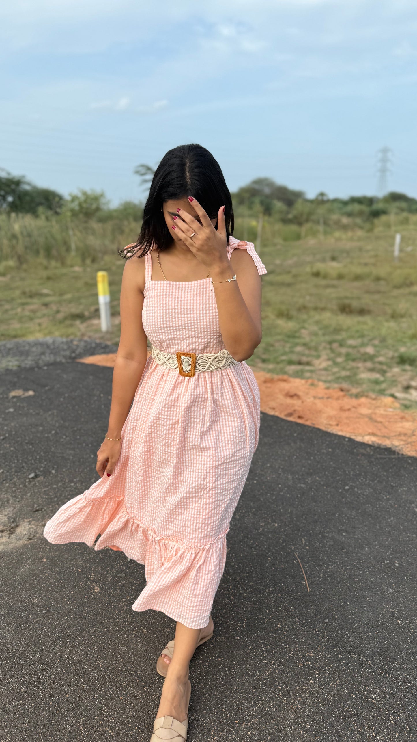 Peach ruffled midi dress
