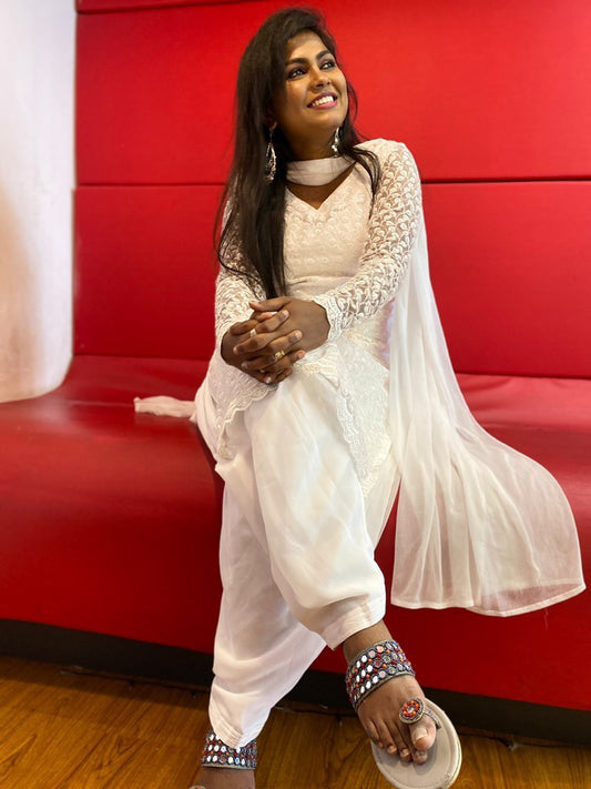 White heavy embroidered-net kurti 3 piece set