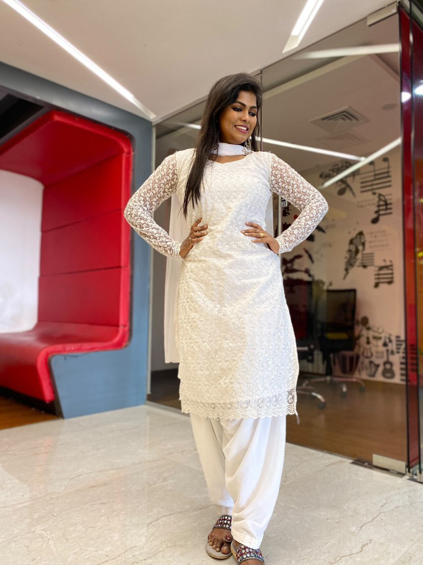 White heavy embroidered-net kurti 3 piece set