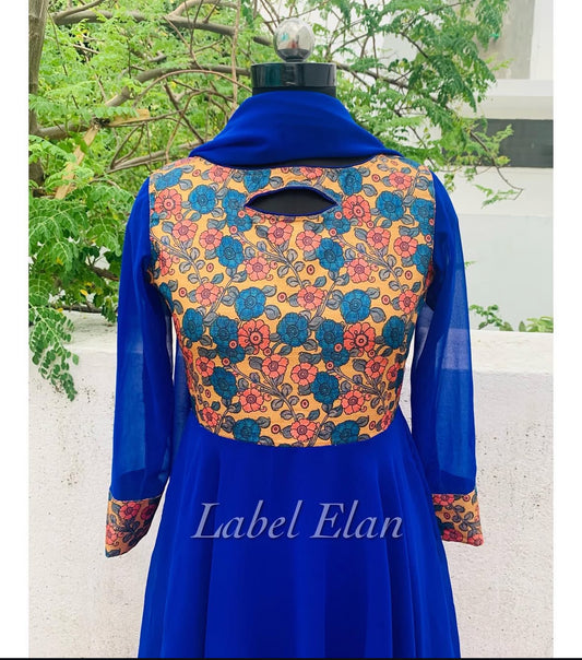 Floral Reverie – Printed Yoke Royal Blue Anarkali