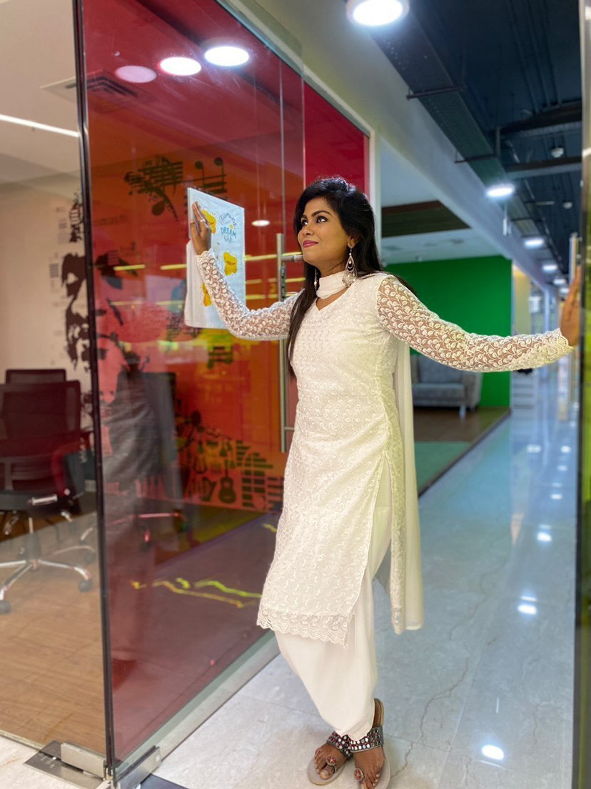 White heavy embroidered-net kurti 3 piece set