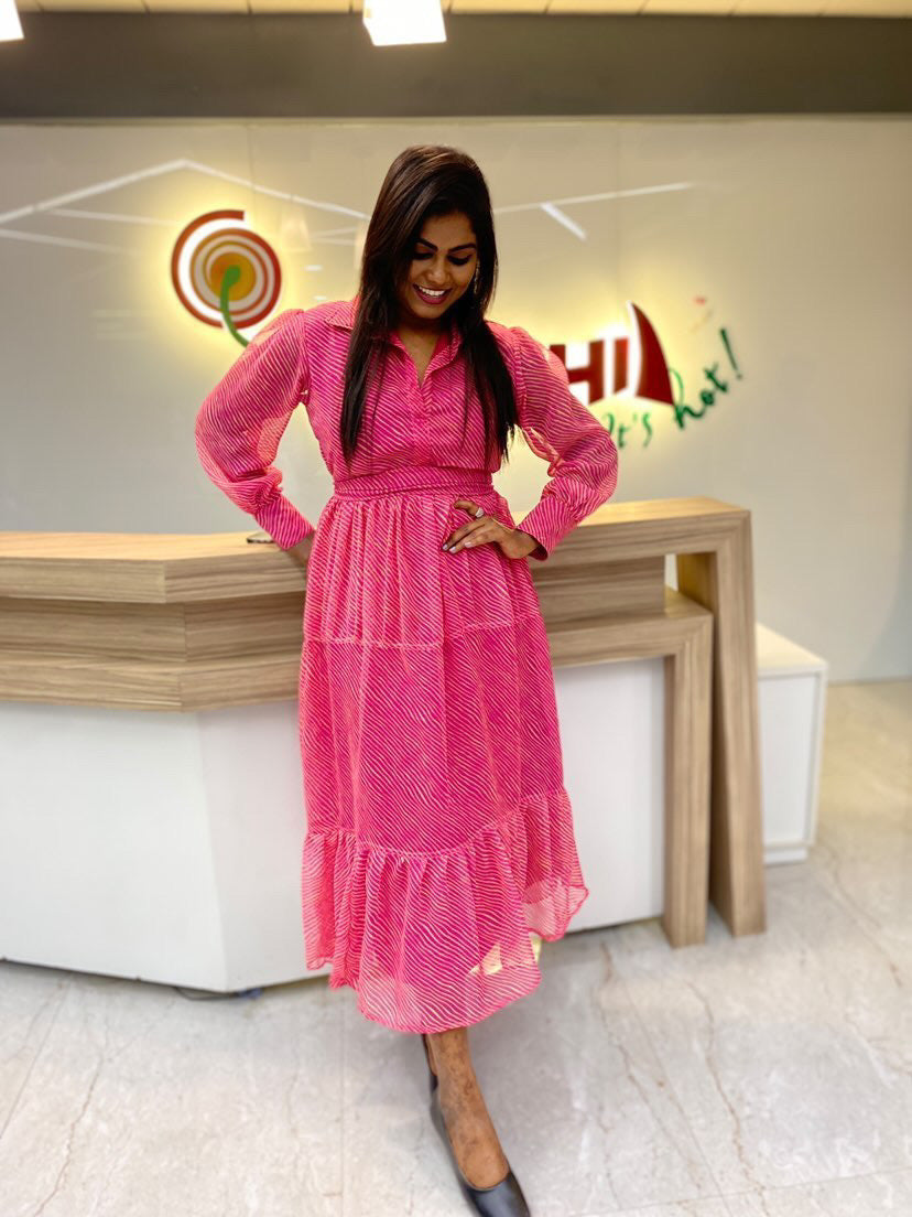 Pink lehriya tiered dress
