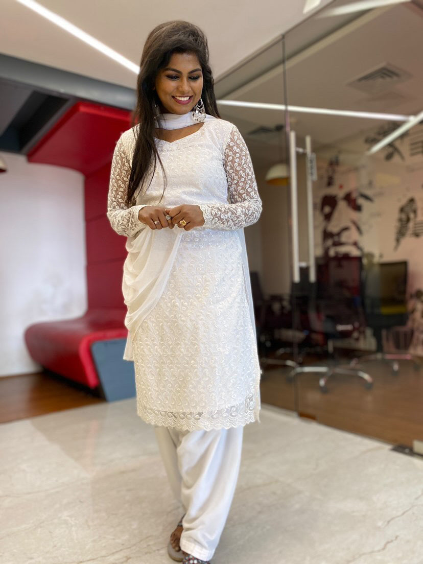 White heavy embroidered-net kurti 3 piece set