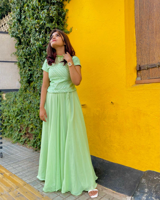 Mint Grace – Sequinned Top with Flowy Skirt Set”