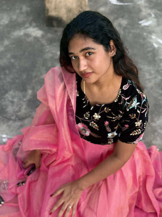 Dreamy Pink With Black Designer Wear