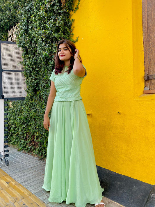 Mint Grace – Sequinned Top with Flowy Skirt Set”