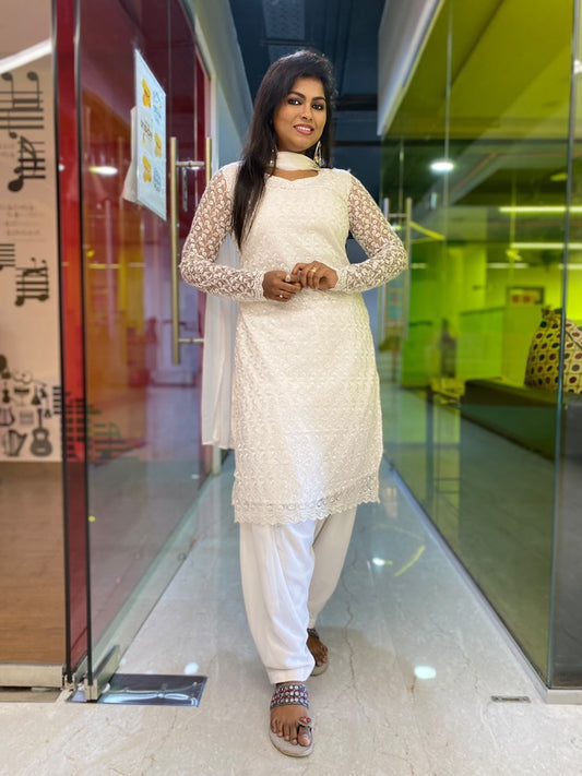 White heavy embroidered-net kurti 3 piece set