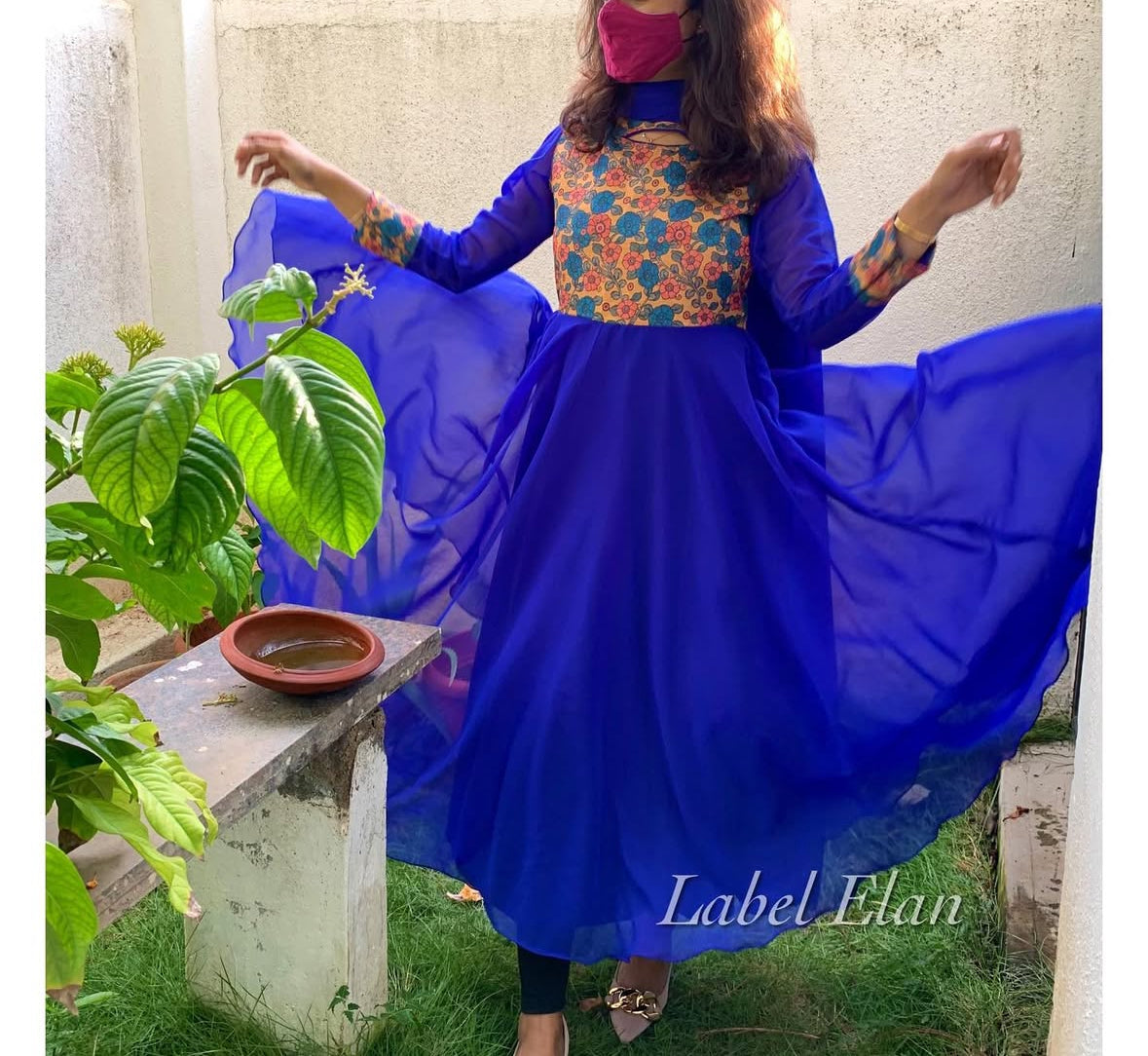 Floral Reverie – Printed Yoke Royal Blue Anarkali