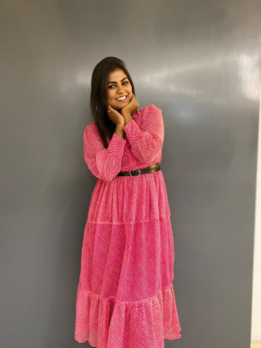 Pink lehriya tiered dress