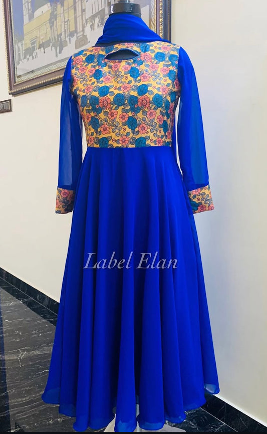 Floral Reverie – Printed Yoke Royal Blue Anarkali