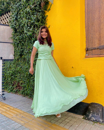 Mint Grace – Sequinned Top with Flowy Skirt Set”