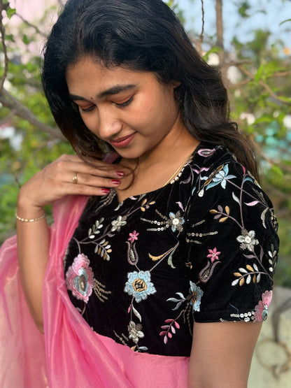 Dreamy Pink With Black Designer Wear