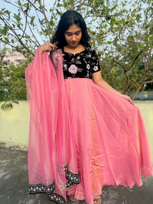 Dreamy Pink With Black Designer Wear